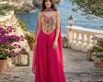 Conjunto de top corto y pantalón palazzo de seda chinon rosa – Ropa étnica india estilo boho, atuendo para invitadas de boda