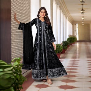 Black Anarkali Suit Set for Women | Festive Party Wear Kurta Dupatta | Heavy Faux Georgette Top, Dull Santoon Bottom & Organza Dupatta
