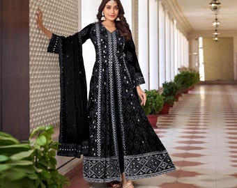 Black Faux Georgette Anarkali Suit: Pakistani Festive Kurta, Organza Dupatta