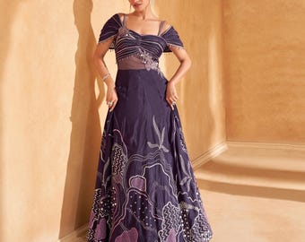 Blue Embroidered Indo-Western Gown: Chinon Silk Wedding Dress