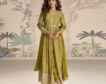 Stunning Green Chinon Silk Anarkali With Heavy Embroidered Fantasy Gown Formal Wedding Indian Anarkali Suit Dress For Wedding Dresses