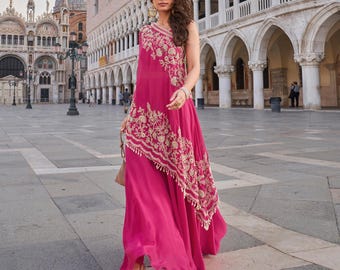 Hot Pink Crepe Kaftan Dress Set: Embroidered Indo Western Palazzo Outfit -  Etsy