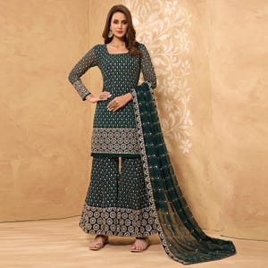 Green Georgette Sharara Set: Zari Work Indian Party Outfit