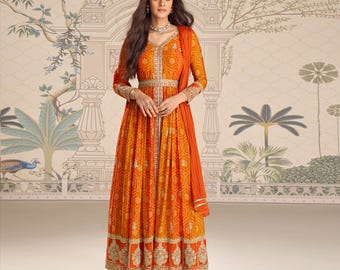 Enchanting Orange Chinon Silk Anarkali Dress Heavy Embroidered Ball Gown Pakistani Wedding Clothing Indian Gown Dressing Gown For Gift
