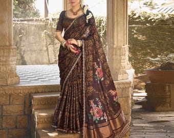 Sari de seda Gajji marrón: conjunto nupcial Gota Patti Minakari