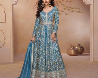 Turquoise Simar Silk Anarkali Gown, Floral Print, Bead & Stone Embellished Dupatta