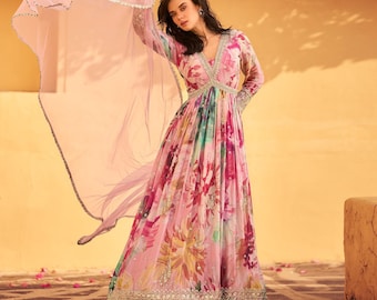 Elegant Pink Floral Alia Cut Long Gown with Embroidered Dupatta - Indian Ethnic Wear