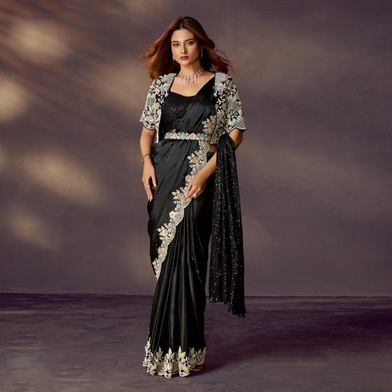 satin saree dress design Dark Pink And Gree Satin Predape Saree Dress