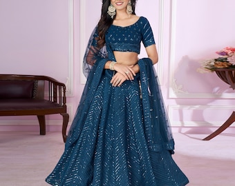 Conjunto de lehenga de seda con bordado floral mostaza / Traje de boda indio