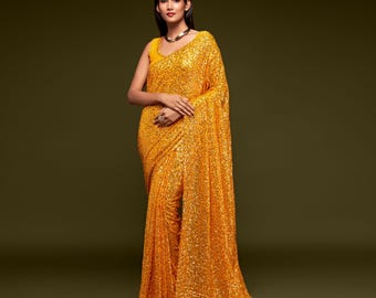 Yellow Georgette Saree Set: Thread & Sequin Embroidery, Prestitched Indian Outfit