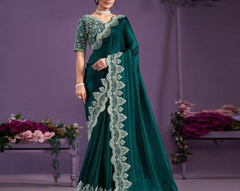 Teal Green Satin Silk Saree – Sequined Handwork, Wedding Party Wear