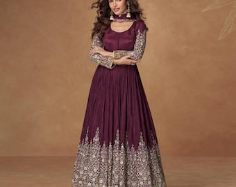Wine Chinnon Silk Gown & Dupatta: Indian Boho Wedding Dress