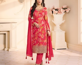 Shalwar Kameez rojo majestuoso con dupatta de Swarovski: colección de atuendos festivos para bodas punjabi indias con bordado floral