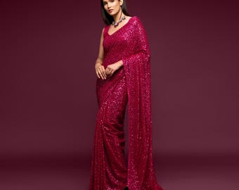 Hot Pink Georgette Saree: Sequined Thread Embroidery, Ready to Wear
