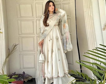 Conjunto de vestido Anarkali de seda azul real: Invitada de boda, ropa de fiesta, atuendo étnico indio