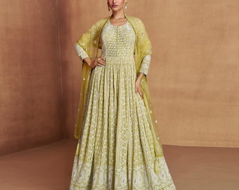 Vestido Anarkali de Georgette verde oliva radiante con dupatta de red / Vestido verde lima para verano / Vestido llamativo de princesa Salwar Kameez