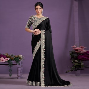 Black Satin Silk Designer Saree - Japan Satin Blouse with Real Moti Work Detailing - Wedding Party Wear