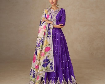 Blue Chinon Silk Anarkali Gown with Floral Tabby Dupatta: Indian Wedding Guest Outfit