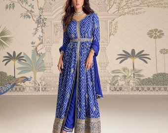 Exquisito Anarkali de seda chinon azul con bordados intensos. Dupatta. Vestido de invitada de boda. Anarkali vintage para mujer. Ropa india.