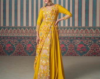 Embroidered Yellow Silk Saree Gown: Fashion Fusion Party Wear