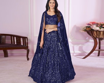 Conjunto de lehenga de georgette azul medianoche / Bordado de lentejuelas zari y moti