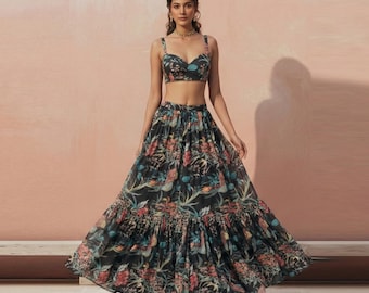 Lehenga Choli de georgette negra con estampado floral vintage: vestido de novia indio
