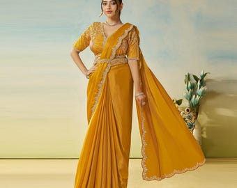 Sari in raso di seta giallo - Camicetta ricamata, abito da sposa indiano multicolore