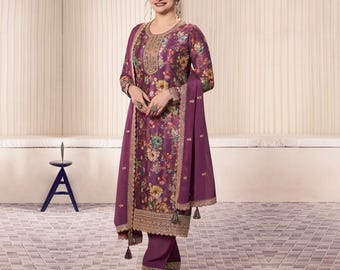 Purple Floral Salwar Suit Set - Embroidered Dupatta, Festive Wear