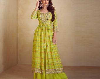 Lime Green Silk Anarkali Gown: Hand-Embroidered Indian Wedding Guest Dress