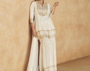 Elegant Cream Georgette Sharara Suit  Designer Gharara Set with Net Dupatta