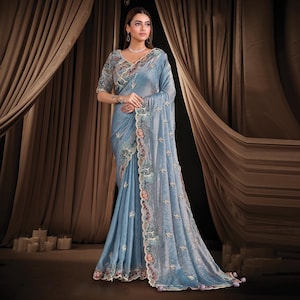 Könnte beinhalten: Ein hellblaues Sari mit aufwendiger Stickerei und einem detaillierten Saum. Das Sari hat eine passende Bluse mit verzierten Ärmeln. Das Model trägt eine Halskette und Ohrringe. Der Hintergrund umfasst braune Vorhänge und brennende Kerzen.