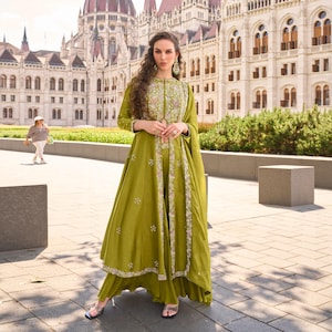 Embroidered Silk Anarkali Gown: Indian Wedding Guest Dress, Palazzo & Organza Dupatta
