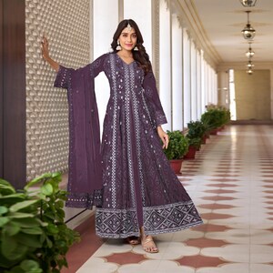 Bestselling Purple Anarkali Suit Set Heavy Faux Georgette Top Dull Santoon Bottom Organza Dupatta Wedding Festive Wear