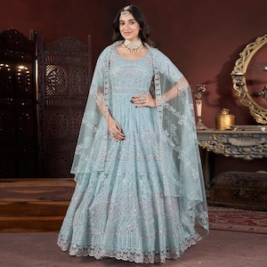 Sky Blue Embroidered Wedding Gown with Zarkan Work and Net Dupatta for Special Occasions - Bridal Wear Gown | Christmas Special Long Dress