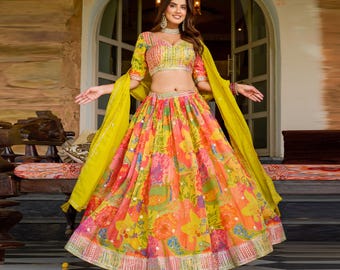 Conjunto de lehenga de seda con bordado floral mostaza / Traje de boda indio