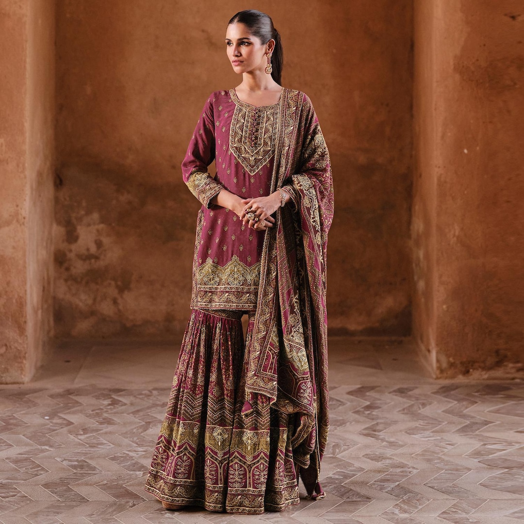 Wine Striped Rayon Flared Gharara