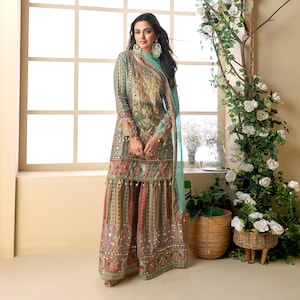 Exquisite Green Multi-Color Sharara Suit | Pure Viscos Silk | Hand Aari & Gota Patti | Tassel Dupatta | Sangeet and Mehendi Couture