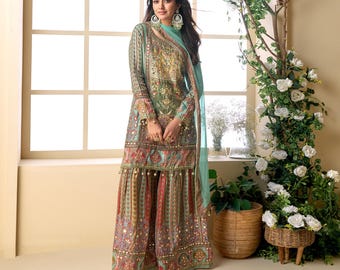 Green Viscose Silk Sharara Suit: Hand Aari Embroidery, Tassel Dupatta