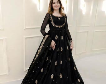 Vestido Anarkali de Georgette bordado con Dupatta – Vestido largo de estilo vintage