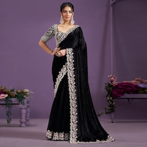 Black Two-Tone Satin Silk Designer Saree - Japan Satin Blouse with Sequins & Handwork - Festive Wear, Wedding Special Saree