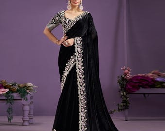 Sari de seda satinada negra: blusa de satén japonesa hecha a mano con lentejuelas, prenda festiva