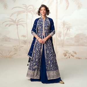 Pailletten bestickter Georgette Anarkali-Anzug: Plus Size indisches Hochzeitskleid