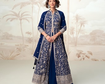 Traje Anarkali de Georgette con bordado de lentejuelas: vestido de novia indio de talla grande