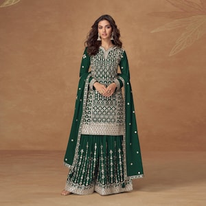 Exquisite Multi-Color Digital Crepe Silk Sharara Set: Embellished Mirror Work Kurta & Sharara | Indian Festival Party Wear | Gift for Her