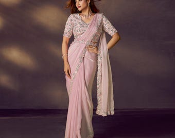 Dusty Pink Satin Silk Saree: Pearl, Mirror & Stone Embroidery, Indian Wedding Dress
