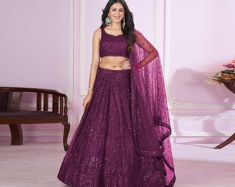 Conjunto de lehenga de red suave color púrpura amatista / Blusa victoriana, lentejuelas, bordado zari