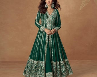 Teal Green Floral Chinnon Silk Anarkali Suit Set: Bohemian Indian Dress