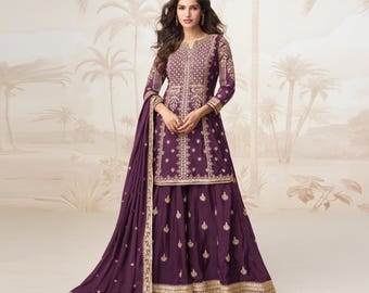 Chinon Silk Sharara Suit: Indian Pakistani Wedding Outfit
