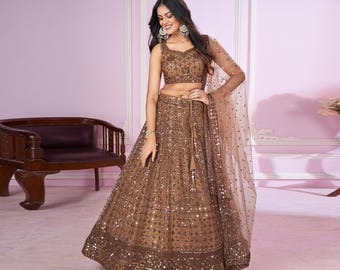 Conjunto de lehenga de malla suave color almendra tostada / falda midi de sirena, atuendo nupcial bohemio