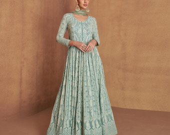 Elegante vestido de traje Anarkali de georgette azul pastel con bordado y red Dupatta Vestido azul cielo para boda y cóctel